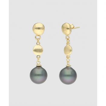 Pendiente Botón cadena dorada y perla gris mosca