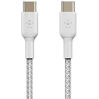 Belkin - Cable USB-C a USB-C trenzado, Boost Charge, cable USB-C de carga rápida para Note10, S10, Pixel 4, iPad Pro y otros, cable de carga rápida USB Type-C, 1 m, blanco