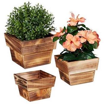 Relaxdays, Juego de 3 macetas Naturales de Madera flameada, para Interior y Exterior, cuadradas, decoración para Plantas, maceteros de Plantas, 10034403