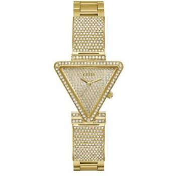 Reloj de mujer Guess Fame GW0644L2 de acero y correa dorada, analógico con triángulo de cristal dorado, tono dorado/malla/tono dorado/champán
