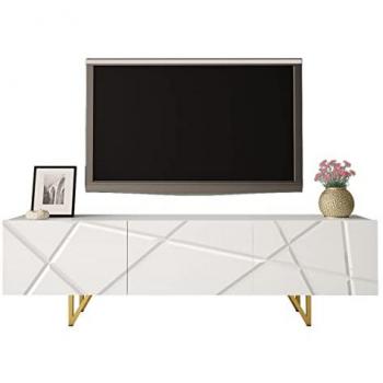 Mueble TV Merced M100, Blanco Brillante, 180x52x37cm, con 3 puertas y patas de metal dorado