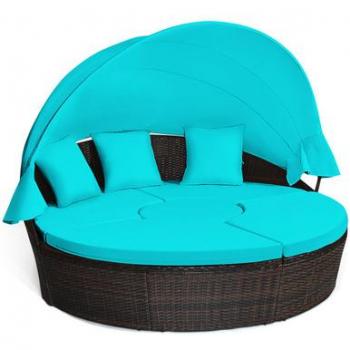 Patio Round Rattan Daybed with Retractable Canopy & Adjustable Coffee Table