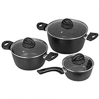 Jata Hogar BC3 Batería de Cocina, Aluminio Forjado FUJI, Negro, 16, 20 y 24 cm. Apta para inducción.