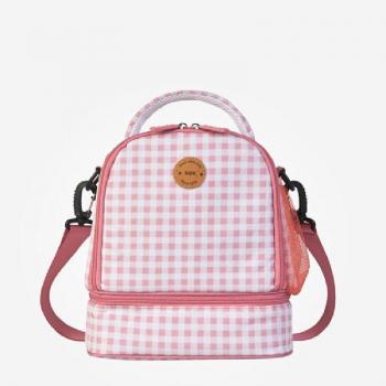 Bolsa Térmica Saro Baby con Compartimentos, Asa de Transporte y Bandolera en Gris/Rosa Vichy