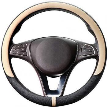 COFIT Cubierta de Volante de Cuero Transpirable y Antideslizante de Microfibra de Cuero M 37-39cm Beige y Negro