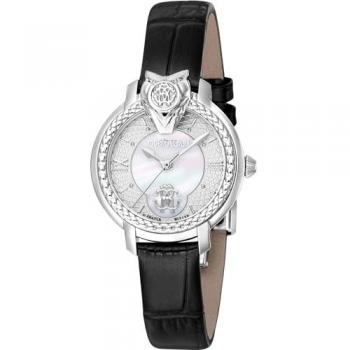 Reloj de Pulsera Analógico Multifuncional para Mujer Roberto Cavalli by Franck Muller - Correa de Cuero Negra, Dial de Nácar Gris Plata, Modelo RV1L215L0011