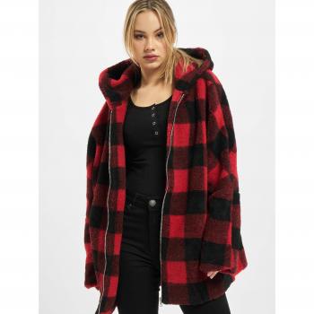 Urban Classics Women's Hooded Oversized Check Sherpa Winter Jacket - XS to 5XL - Red/Black