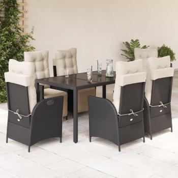 7-Piece Black Poly Rattan Garden Dining Set with Cushions