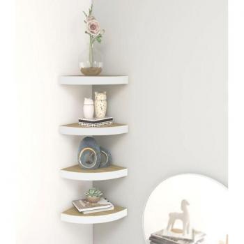 Estante de esquina de pared Premium 4 uds MDF roble y blanco, patas de horquilla para consolas 72 cm acero macizo