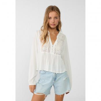 Stradivarius White Embroidered Flowing Blouse XL