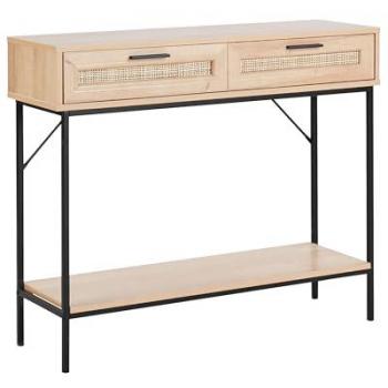 Mesa Consola Tradicional de Madera Clara y Ratán con Estante y Cajones Pasco