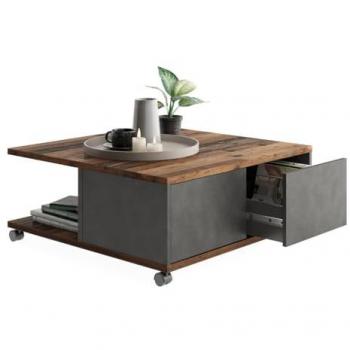 Mesa de centro móvil estilo antiguo con ruedas, 2 cajones y 2 baldas L70 cm