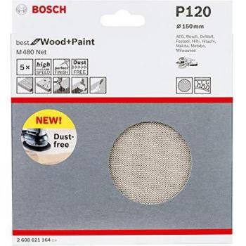 Bosch Professional 2608621164 Hojas de lija M480 Best for Wood and Paint, madera y pintura, grano P120, accesorios para lijadora excéntrica, 0 W, 0 V, Ø 150 mm, Set de 5 Piezas