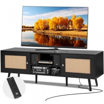 Mueble de TV Boho en Ratán para Pantallas de 65 Pulgadas con Puertos USB y Enchufe Integrado, Estantes Ajustables, Diseño Moderno y Mid Century