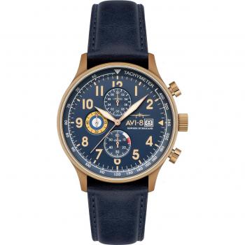 AVI-8 Hawker Hurricane Classic 43mm Quartz Chronograph Men's Watch with Regent Blue Leather Strap and Blue Dial