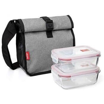Tatay Urban Food Roll & Go - Bolsa Térmica Porta Alimentos, 4,2L de Capacidad, con 2 Tuppers Herméticos de 0,64L de vidrio, Color Denim Grey. Medidas 22 x 14,5 x 22,5 cm