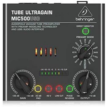 Behringer Behringer TUBE ULTRAGAIN MIC500USB Preamplificador de tubo de vacío para audiófilos con tecnología de modelado de preamplificador e interfaz USB/Audio