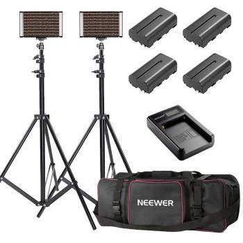 Neewer 2-Pack Bicolor Regulable 280 LED luz de Vídeo Soporte con batería Cargador USB 3200 - K, CRI + Panel LED para cámaras de Fotos Estudio Video Youtube de