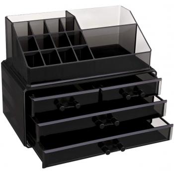 SONGMICS Organizador de maquillaje de acrílico, caja almacenamiento de cosmético apilable, con 4 cajones, para pinceles paleta de labios esmalte de uñas, Idea de regalo, Negro JKA007BK
