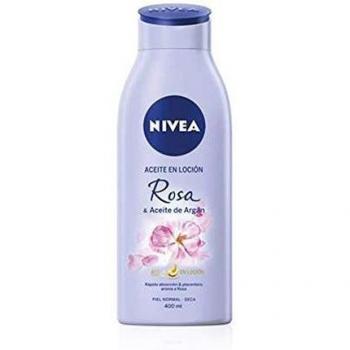 NIVEA Aceite en Loción Rosa & Aceite de Argán, 1 x 400 ml, loción hidratante corporal de rápida absorción, loción para el cuidado de la piel normal y seca