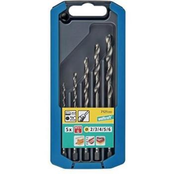 wolfcraft 7121000 (L) brocas espirales HSS, afilado con precisión, con vástago hexagonal compuesto de Ø 2,0-3,0-4,0-5,0-6,0 mm en caja deslizante de plástico 2k PACK 5, 0 V, gris, Set de 5 Piezas