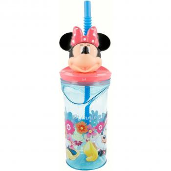 Mouse-14566 Minnie Mouse-Vaso plastico con figurita 3d, tapa y pajita 350 ml