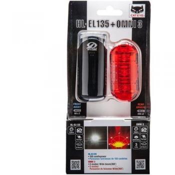 CAT EYE, HL-EL135 Faro y Omni 3 Luz Trasera Luz LED Set para Bicicletas