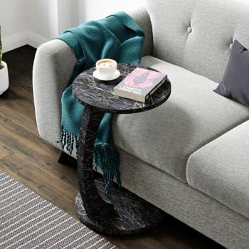 Mesa Auxiliar Holeby Redonda con 4 Ruedas 56 x Ø38 cm - Efecto Mármol Negro
