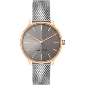 Reloj Nine West® NW/2669GYRT - Reloj de mujer, diseño elegante, caja de acero inoxidable, correa de silicona gris, esfera analógica con números romanos y manecillas en color plateado,