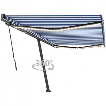 Toldo retráctil manual con luz LED 500x350 cm azul y blanco
