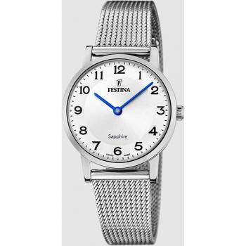 Reloj Festina F20015/5 Mujer Blanco Correa De Acero Inoxidable 316L Swiss Made Plateado