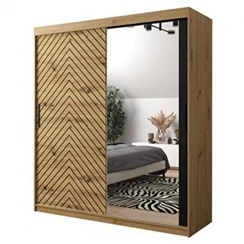 Armario Corredero Hartford 313 Negro y Roble Artisan, 180x200x62cm, 9 Estantes y Espejo