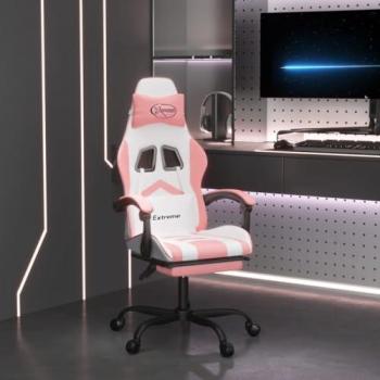 Silla gaming con reposapiés de cuero sintético blanco y rosa