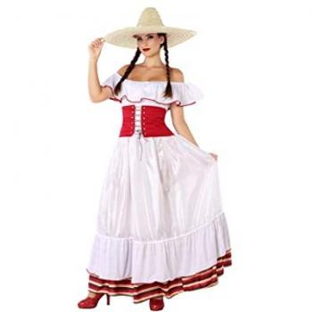 Disfraz de Mexicana para Adultos M/L, incluye vestido blanco con detalles coloridos y sombrero tradicional