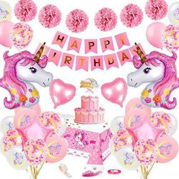 SPECOOL Unicornio Decoración de cumpleaños para niña, Rosa Feliz cumpleaños Conjunto de pancartas Unicornio Papel de Aluminio Globo Látex Confeti Fiesta en Globo Decoración Chica Novia