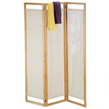 Biombo Decorativo de 3 Paneles, Separador de Ambientes, Faltable, Bambú y Tela, 170 x 120 x 1.5 cm, Marrón