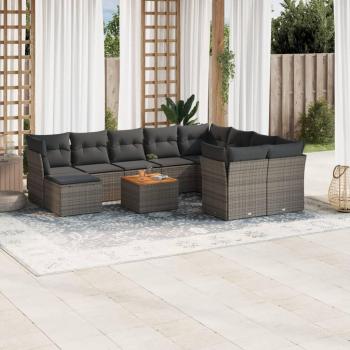 11-Piece Grey Poly Rattan Garden Sofa Set with Cushions