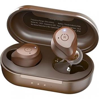 TOZO NC9 Auriculares Bluetooth con cancelación Activa Control táctil 5.0 en la Oreja Auriculares estéreo con Estuche de Carga, de micrófono Integrados Bajos Profundos Premium para Deportes Marrón
