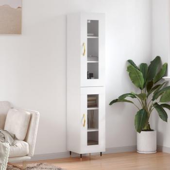 Aparador alto de madera contrachapada blanco 34,5x34x180 cm con 1 puerta de cristal, mueble de almacenaje para salón, buffet y armario auxiliar