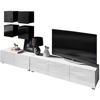 Conjunto de salón Providence B130, Aglomerado laminado, Negro y Blanco brillante, Con mesa de TV y accesorios adicionales, 250 x 43 cm