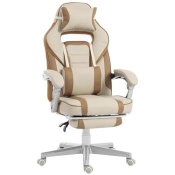 Silla Gaming Reclinable HOMCOM con Altura Ajustable, Reposapiés Retráctil, Soporte Lumbar y Reposacabezas Desmontable - Color Crema