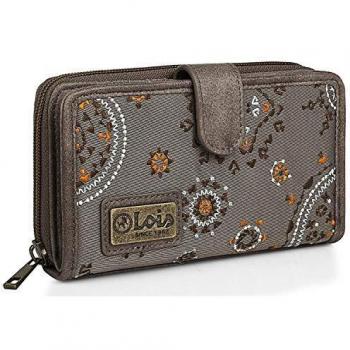 Lois - Cartera Estampada con Bordados para Mujer. Motivos Mandala Lona y Cuero PU para Uso Diario con Cierre Cremallera y Botón Comodísima Protección RFID 304416, Color Marron