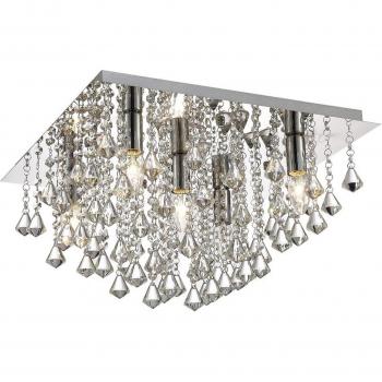 Plafón de diseño Acton Cromo Pulido 5 focos 27cm, techo empotrado cuadrado de 460 mm, 5 luces E14, acabado en cromo pulido con cristal prisma