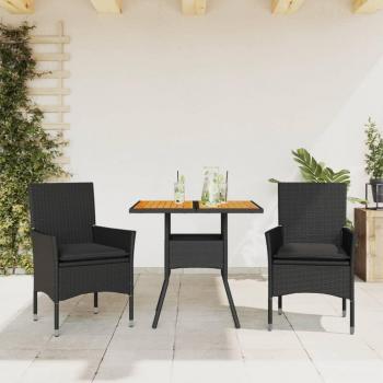 Set de comedor jardín 3 piezas con cojines de ratán negro y acacia