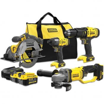 STANLEY SFMCK469M2-QW Kit V20 Power Tool Combo, 18V Lithium-Ion Cordless Drill Driver, Impact Driver, Circular Saw, Angle Grinder with 2x4Ah Batteries and Carry Bag