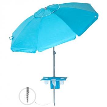 Sombrilla de Playa Aktive 210 cm Azul con Mesa Central, Posavasos, Protección UV50, Mástil de Acero Inclinable y Regulable en Altura, Tejido Poliéster Oxford