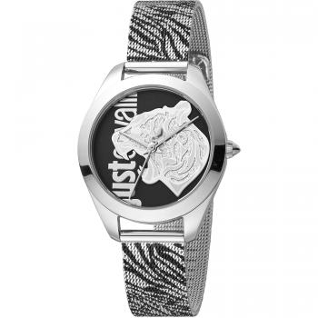 Just Cavalli Silver Women Watch - Stainless steel case, Quartz movement, Water-resistant up to 50 meters, Analog display, Silver-tone dial with Roman numeral hour markers, Bracelet strap with deployment clasp