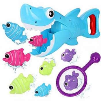Bammax Juguetes Bañera, 10 pcs Peces Marinos Juguetes de Baño Bebe, Plastico Juego de Ducha Bebe, Juego de Pesca Piscina Niños, un Tiburón Blanco Capturador, 8 Peces Pequeños y una Red de Pesca