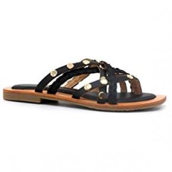 Zapatillas con bandas de piel y rafia, color negro, tamaño 36 EU