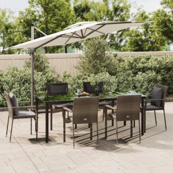 7-Piece Black and Gray Poly Rattan Garden Dining Set with Cushions